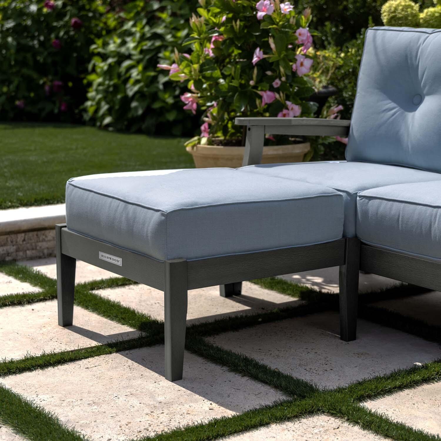 Blushing Bay Recycled Plastic Ottoman in Bliss Dew/Coastal Teak by Lakeview Outdoor Designs - Shown w/ Chair (Not Included) - Lifestyle thumbnail