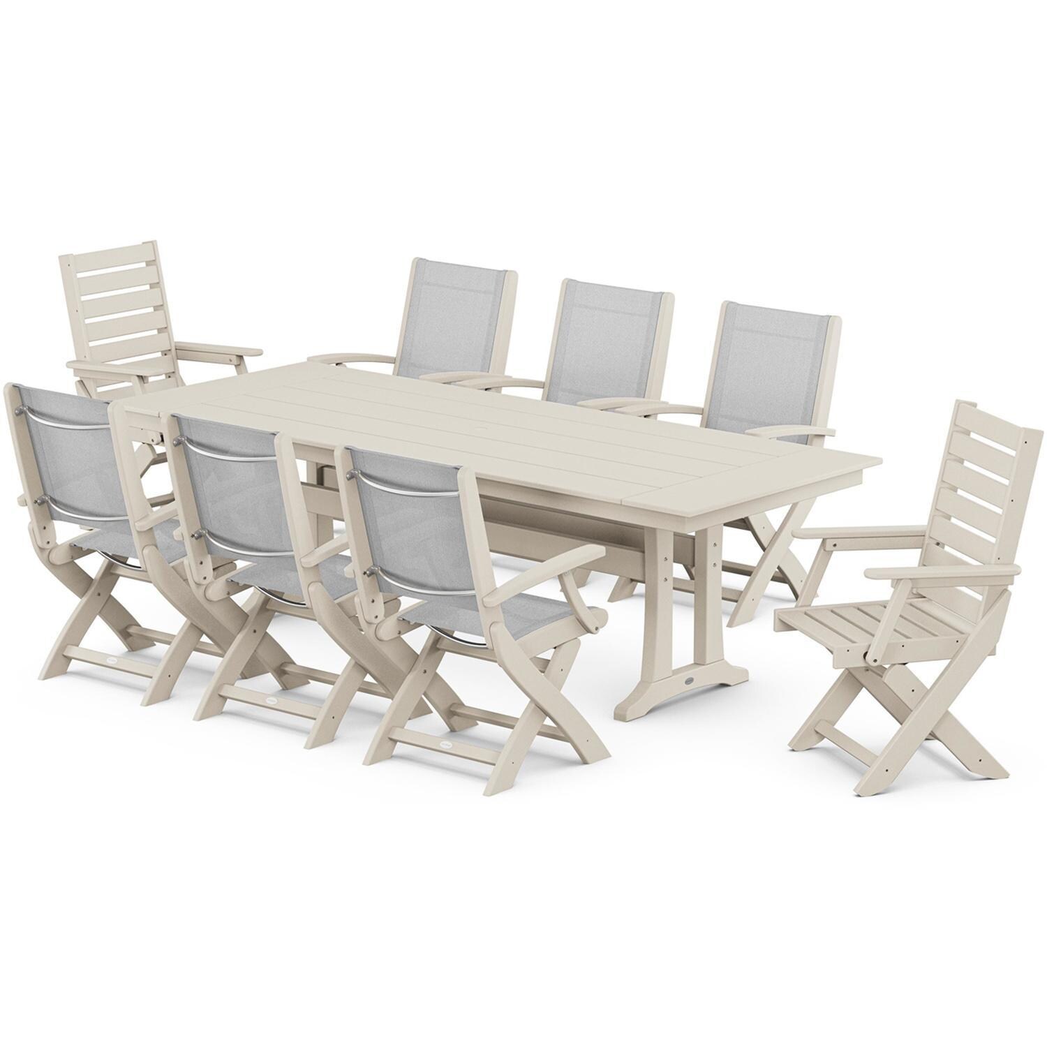 POLYWOOD PWS2534-1-SA901 Creekside Polywood 9-Piece Farmhouse Dining Set White Sling Chairs in Sand - Set - White Background thumbnail