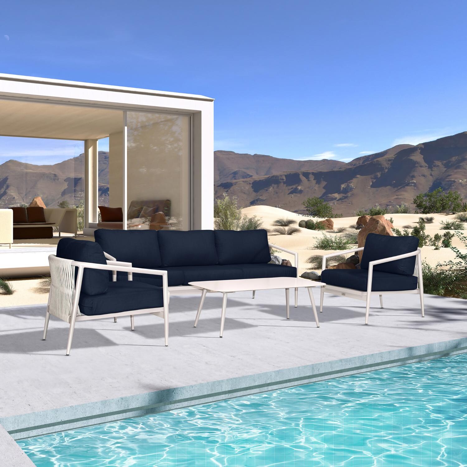 Lakeview Midnight Cove 4 Pc Aluminum Sofa Seating Set in Urban Stone/Carrera/Spectrum Indigo - Angled - Lifestyle thumbnail