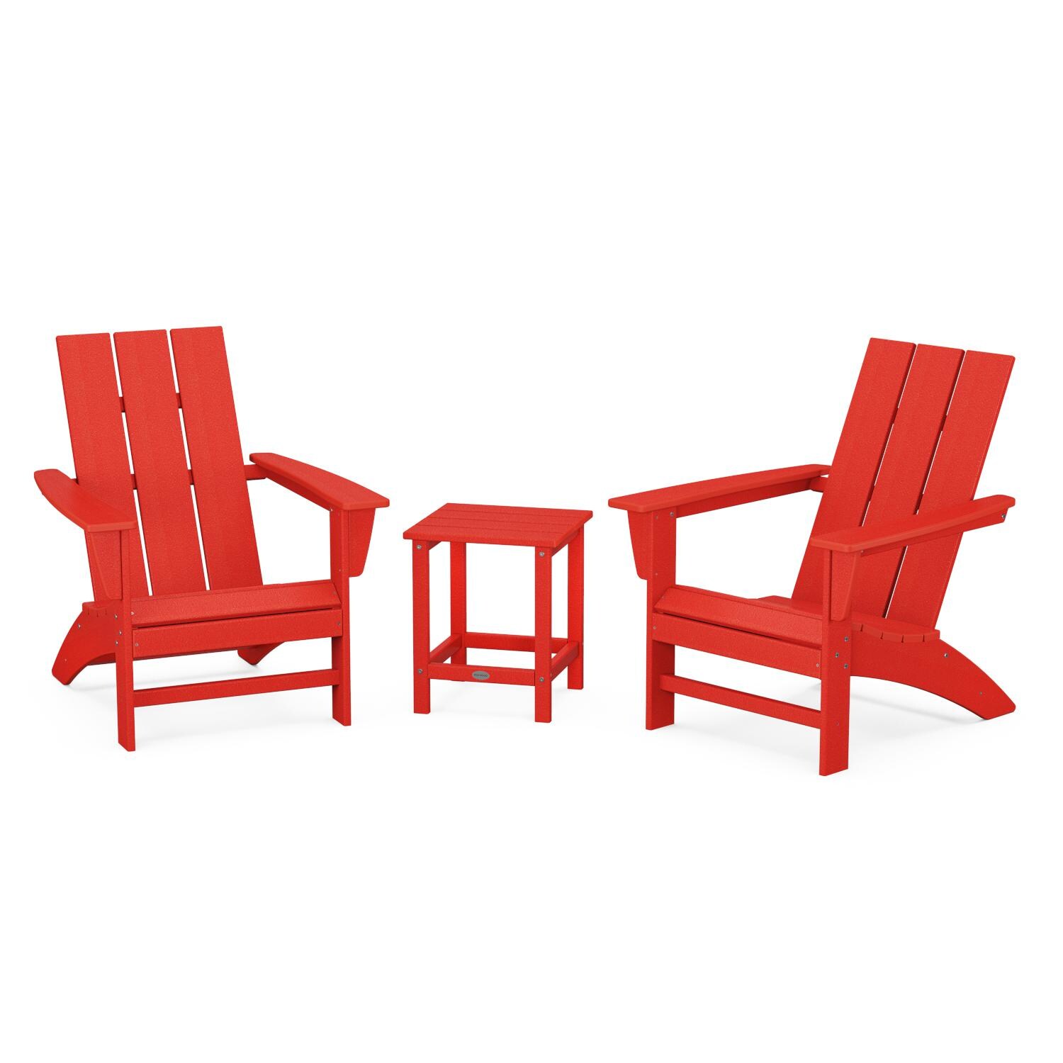 Modern Adirondack 3 Pc Recycled Plastic Seating Set w/ Long Island End Table in Sunset Red by POLYWOOD