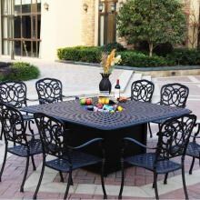 Darlee Florence 9 Piece Cast Aluminum Patio Fire Pit Dining Set - Dining Table With Ice Bucket Insert - Mocha image