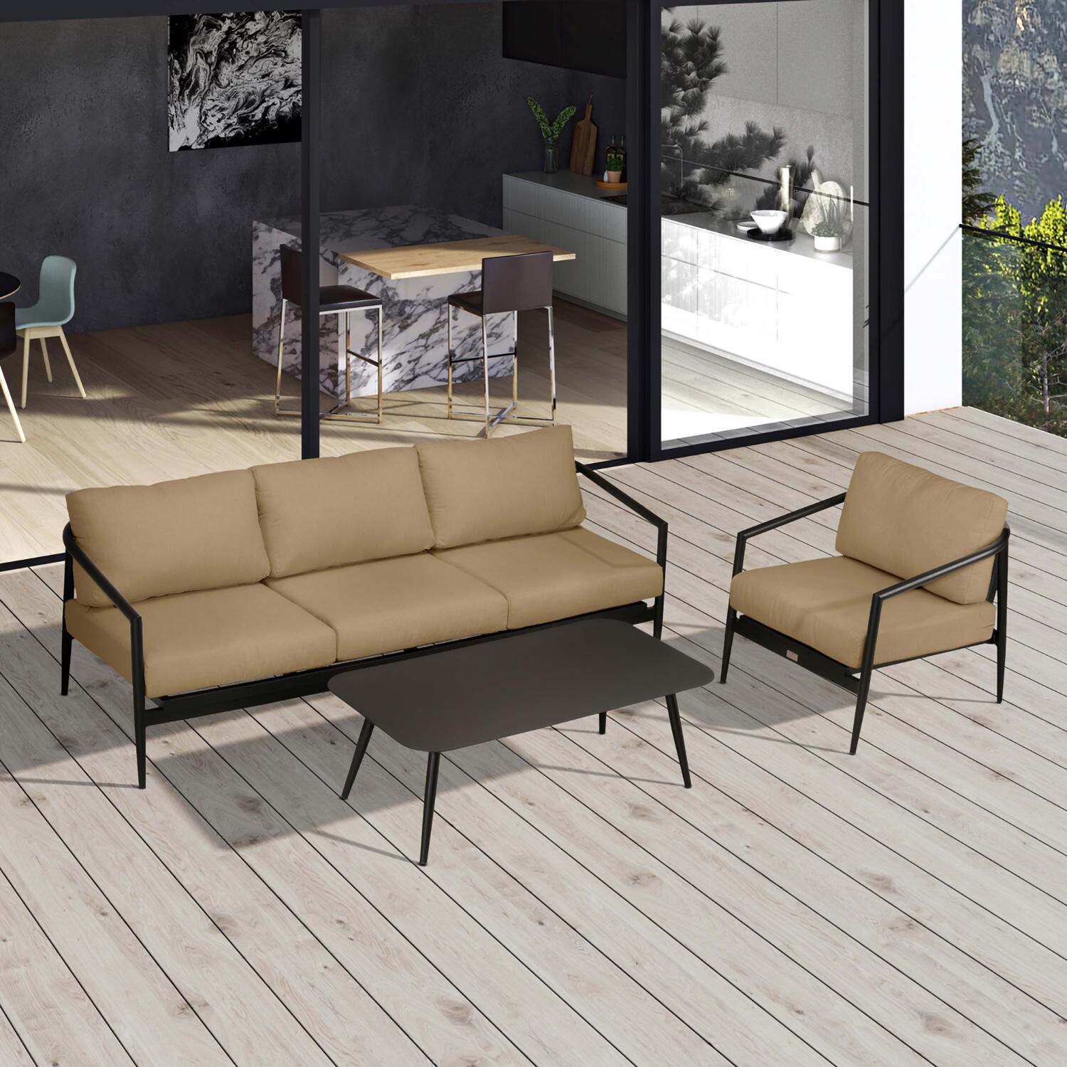 Lakeview Midnight Cove 3 Pc Aluminum Sofa Seating Set in Black/Carbon/Heather Beige - Top - Lifestyle thumbnail