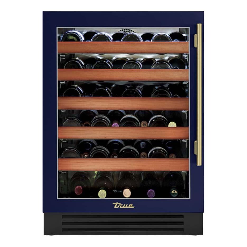True TWC-24-L-OG-C~DSK-078-H01 24 Inch 45 Bottle Left Hinge Glass Door Outdoor Wine Cabinet - Cobalt w/ Brass Handle - White Background thumbnail