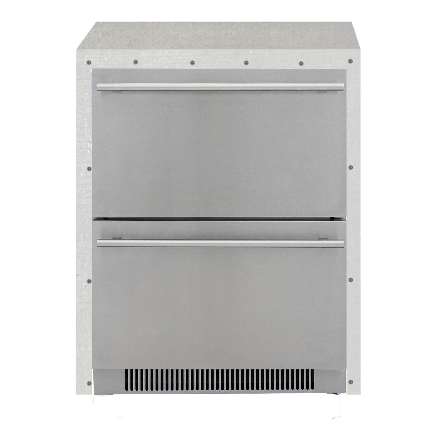 BBQGuys Signature 29-Inch Ready for Finish Outdoor Kitchen Module w/ Blaze 24-Inch Double Drawer Outdoor Rated Refrigerator - White Background thumbnail