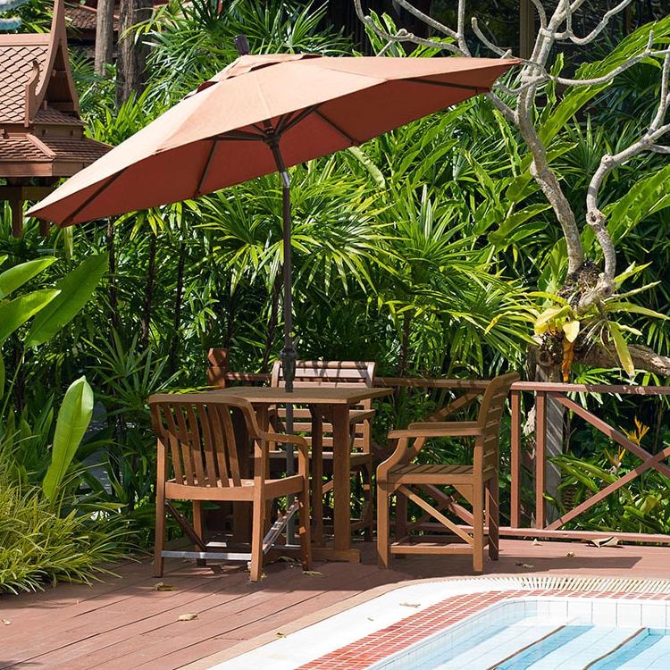 California Umbrella 11 Ft Octagonal Aluminum Auto Tilt Patio Umbrella W/ Crank Lift & Aluminum Ribs - Lifestyle (Shown in Sunbrella Canvas Tuscan W/ Bronze Frame)