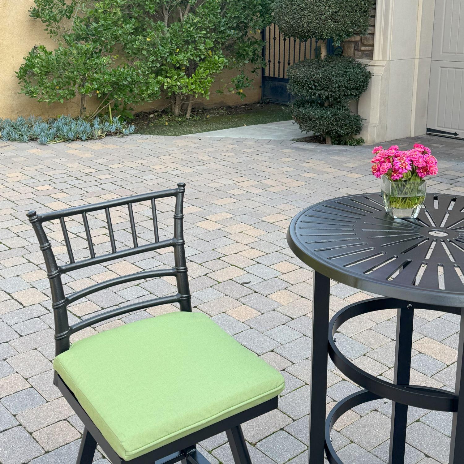Bella Aluminum 3 Pc Patio Bar Set w/ 30-in Round Counter Height Bar Table in Green by Darlee - Bar Stool from Underneath Bar Table - Lifestyle thumbnail