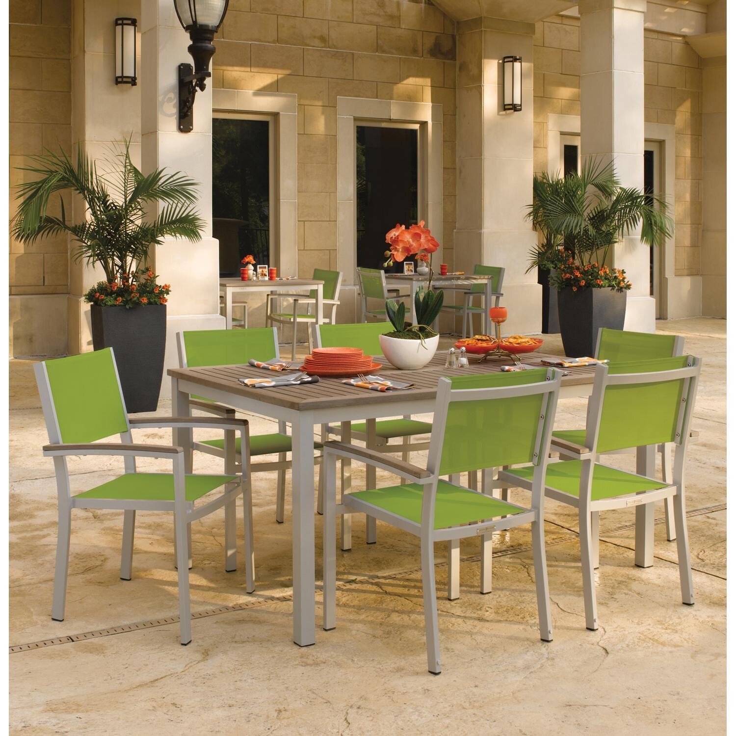 Oxford Garden Travira 4 Pc Composite Sling & Aluminum Dining Chair W/ Vintage Tekwood Arm Caps in Flint/Go Green - Patio thumbnail