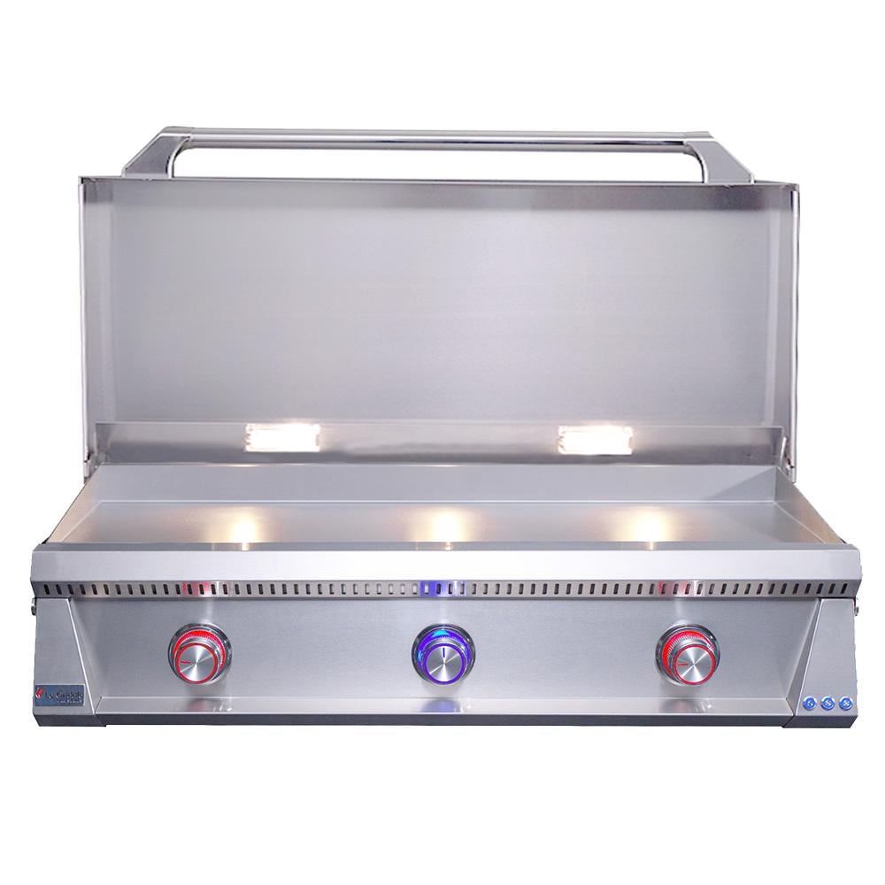 Le Griddle Pro Series 105 42-in 3 Burner Built-In Natural Gas Flat Top Grill w/ 6mm Plate & Lid - Open Lid on Grill - White Background thumbnail
