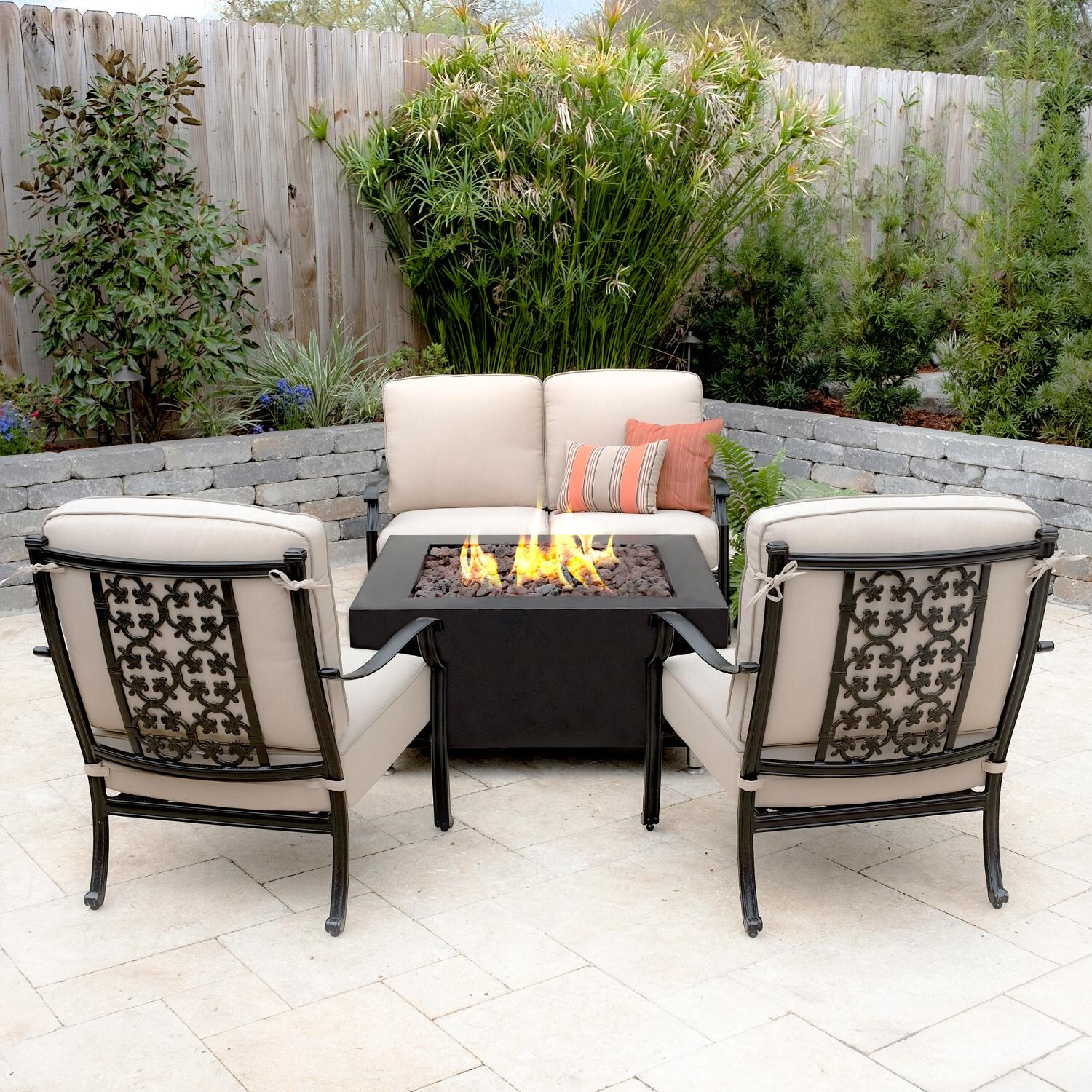 Carondelet 4 Piece Cast Aluminum Patio Fire Pit Conversation Set W/ Sunbrella Spectrum Sand