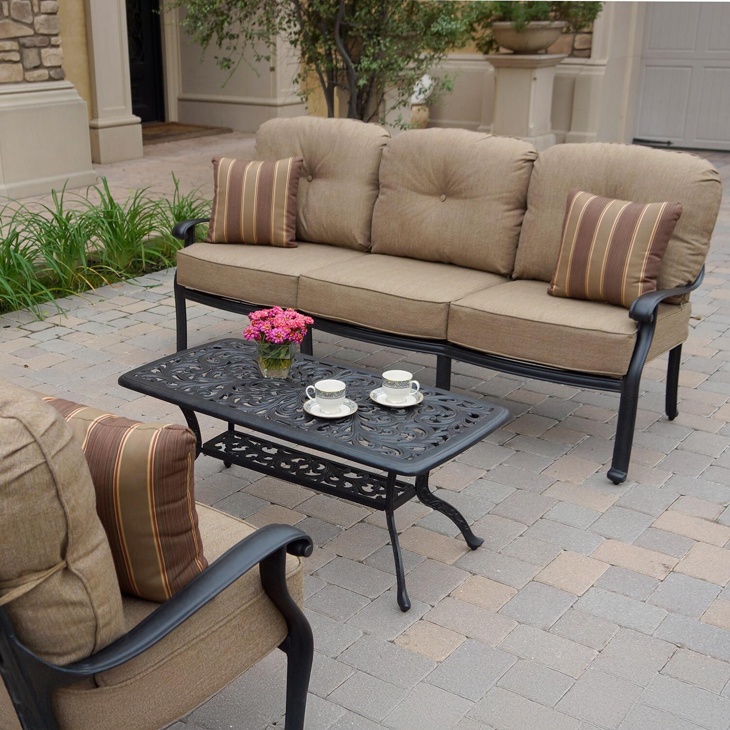 Elisabeth 3 Pc Cast Aluminum Seating Set w/ Series 80 Coffee Table in Antique Bronze by Darlee - Sofa - Detail thumbnail