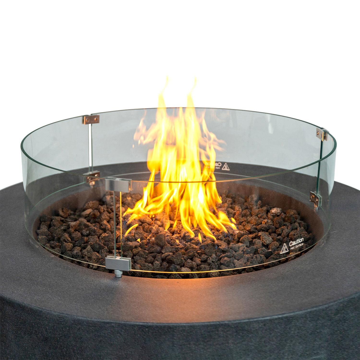 Glenwood 42-in Round Concrete Propane Fire Pit w/ Push Button Ignition in Graphite by Lakeview Outdoor Designs - Glass Wind Guard - On - Close Up - White Background thumbnail