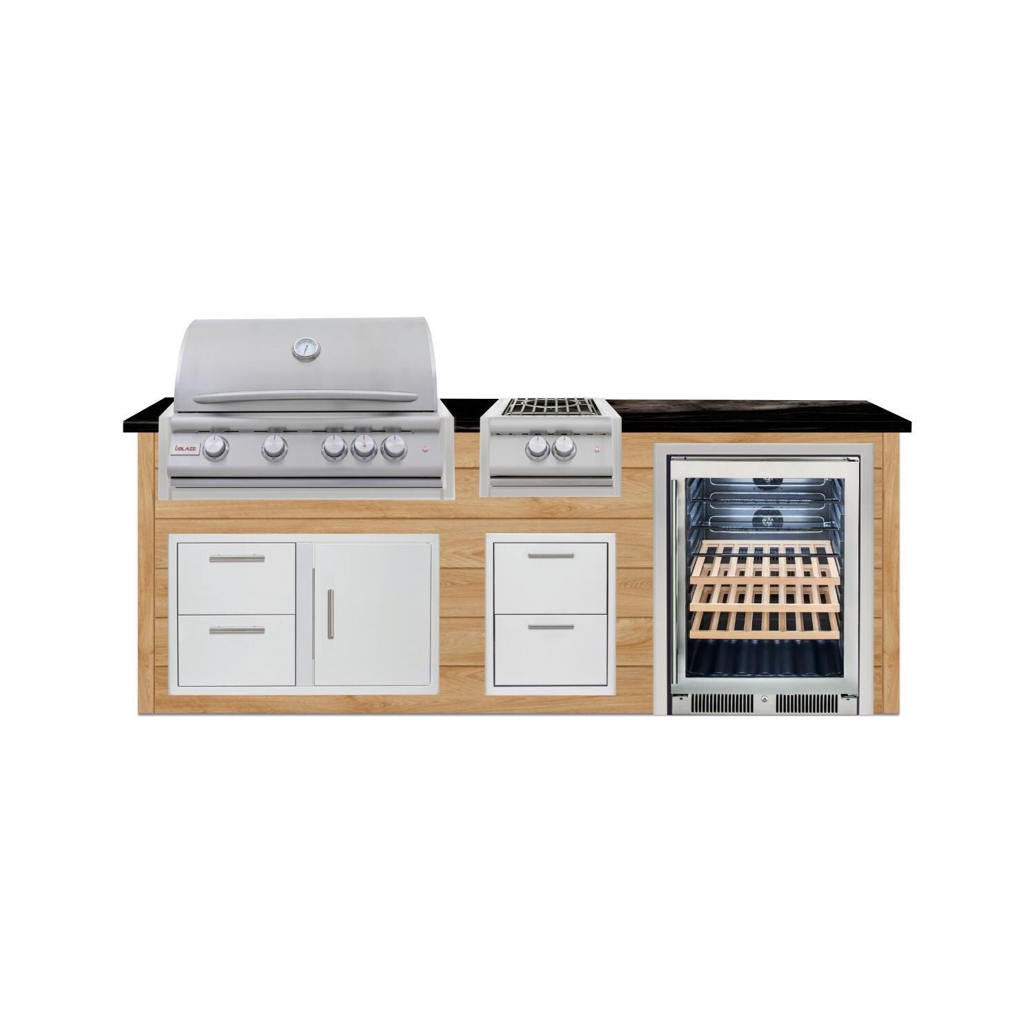 BBQGuys Signature 8 Ft Outdoor Kitchen Island w/ 32 Inch Propane Blaze LTE+ Grill Power Burner & Beverage Center | Sun Bleached Oak w/ Nero Mist Granite