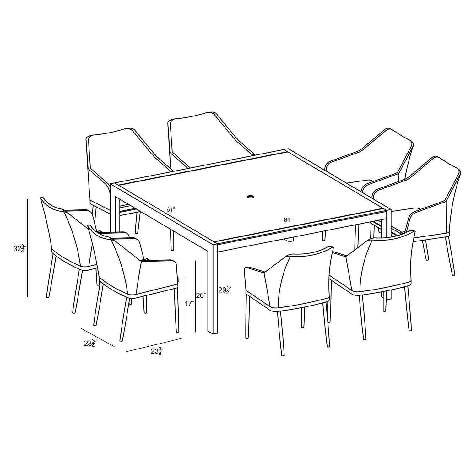 Starlook Bay 9 Pc Aluminum Square Dining Set in Slate by Lakeview - Dimensional thumbnail