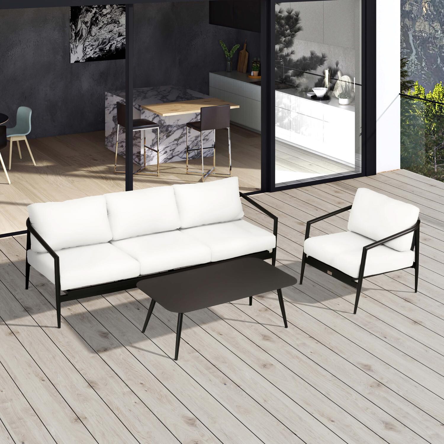 Lakeview Midnight Cove 3 Pc Aluminum Sofa Seating Set in Black/Carbon/Canvas Natural - Top - Lifestyle thumbnail