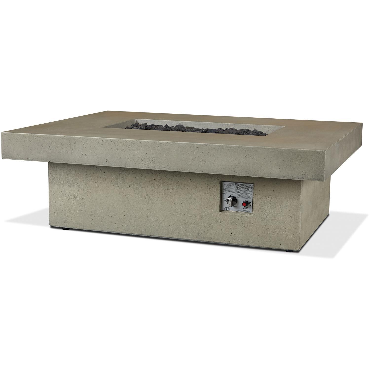 Hickory Bay 3708LP-DUNE 60 Inch Rectangular GFRC Propane Fire Pit Table in Dune by BBQGuys Signature - Angled View No Fire - White Background thumbnail