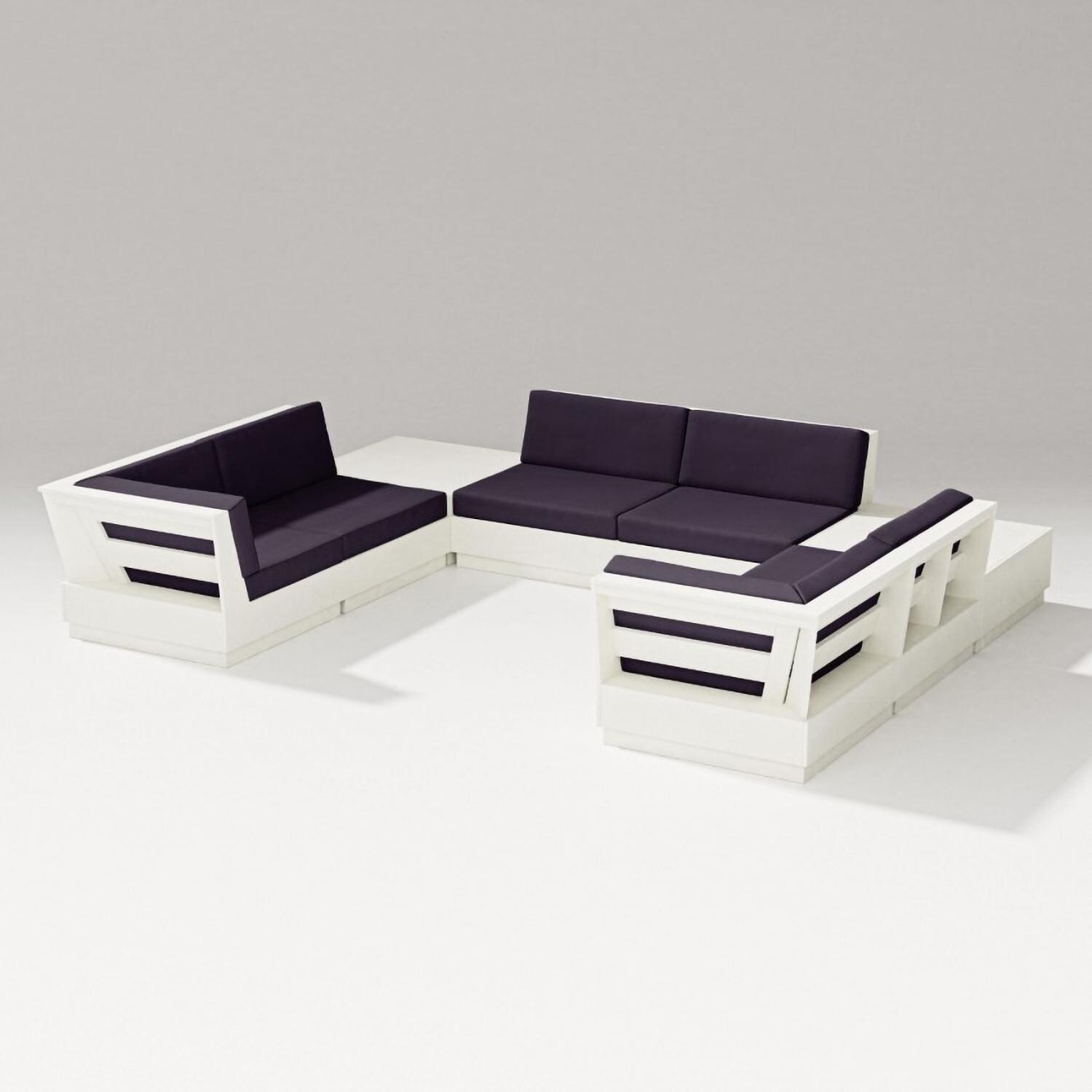 Elevate 8 Pc U-shaped Recycled Plastic Sectional Seating Set in Vintage White/Navy Linen By PW Designer Series - Set - White Background thumbnail