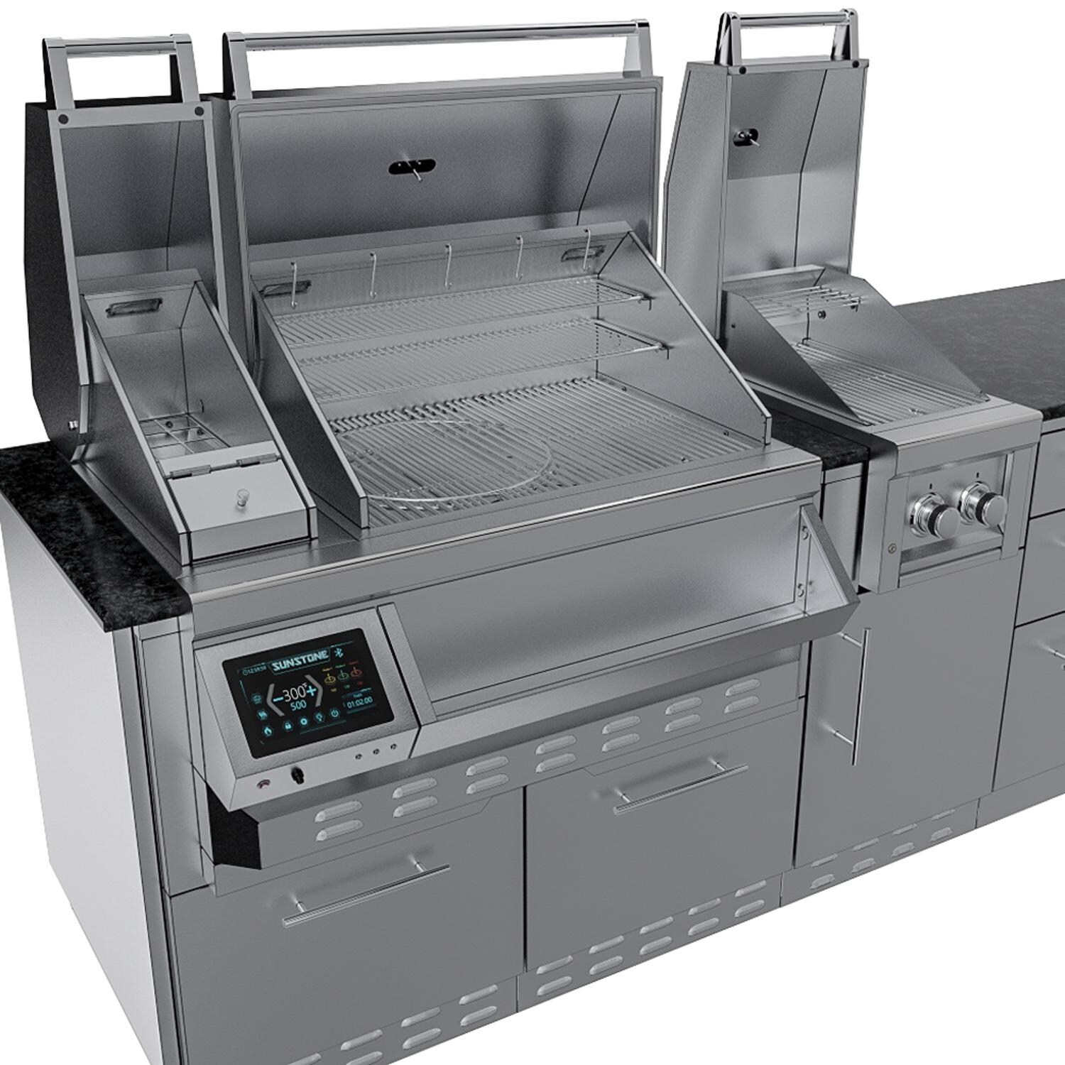 Sunstone Grills SCPCYPRESS11.6-LP Cypress 11 1/2 Ft Outdoor Kitchen Island w/ Propane Grill & Side Burner, Sink, Refrigerator, Door & Drawer - Grill Up Close - Detail thumbnail