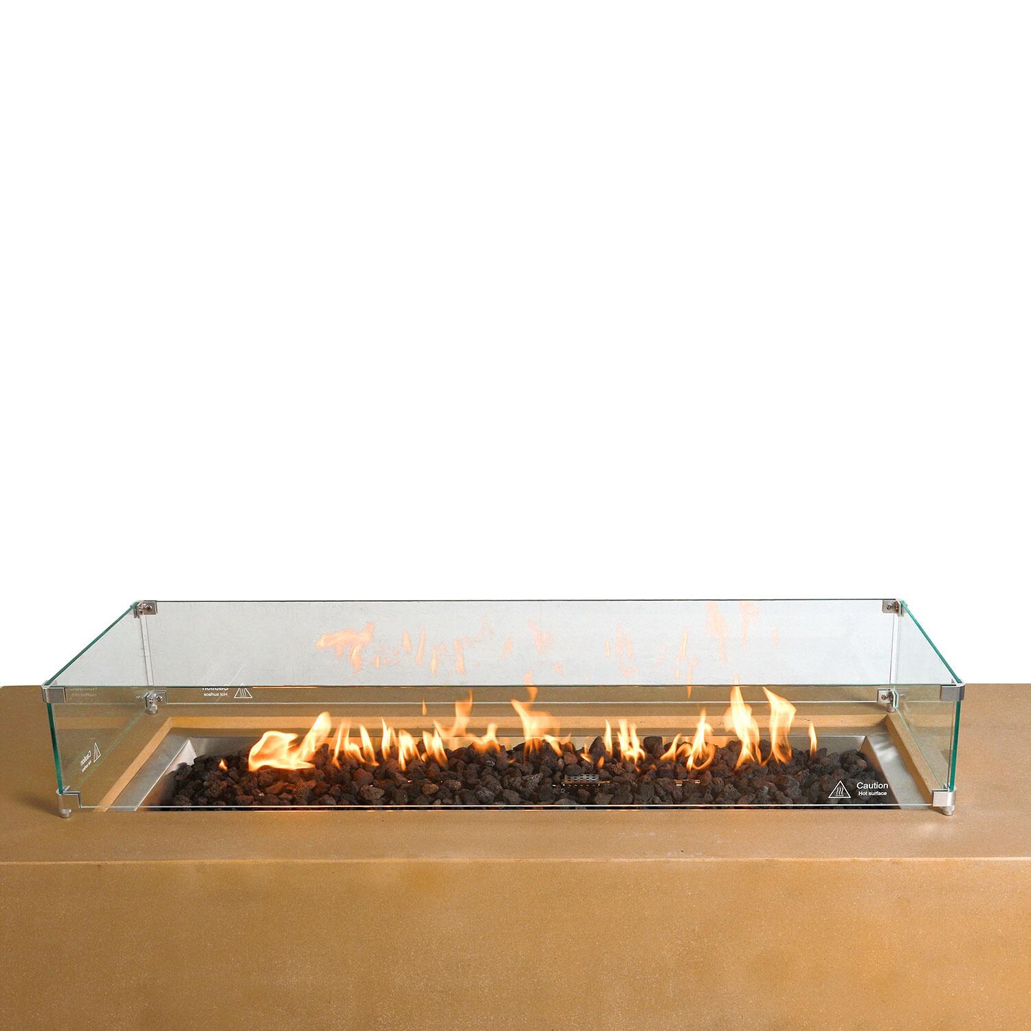 Glenwood 72-in Rectangular Concrete Propane Fire Pit in Sand by Lakeview Outdoor Designs - Glass Wind Guard - On - Close Up View -  White Background thumbnail