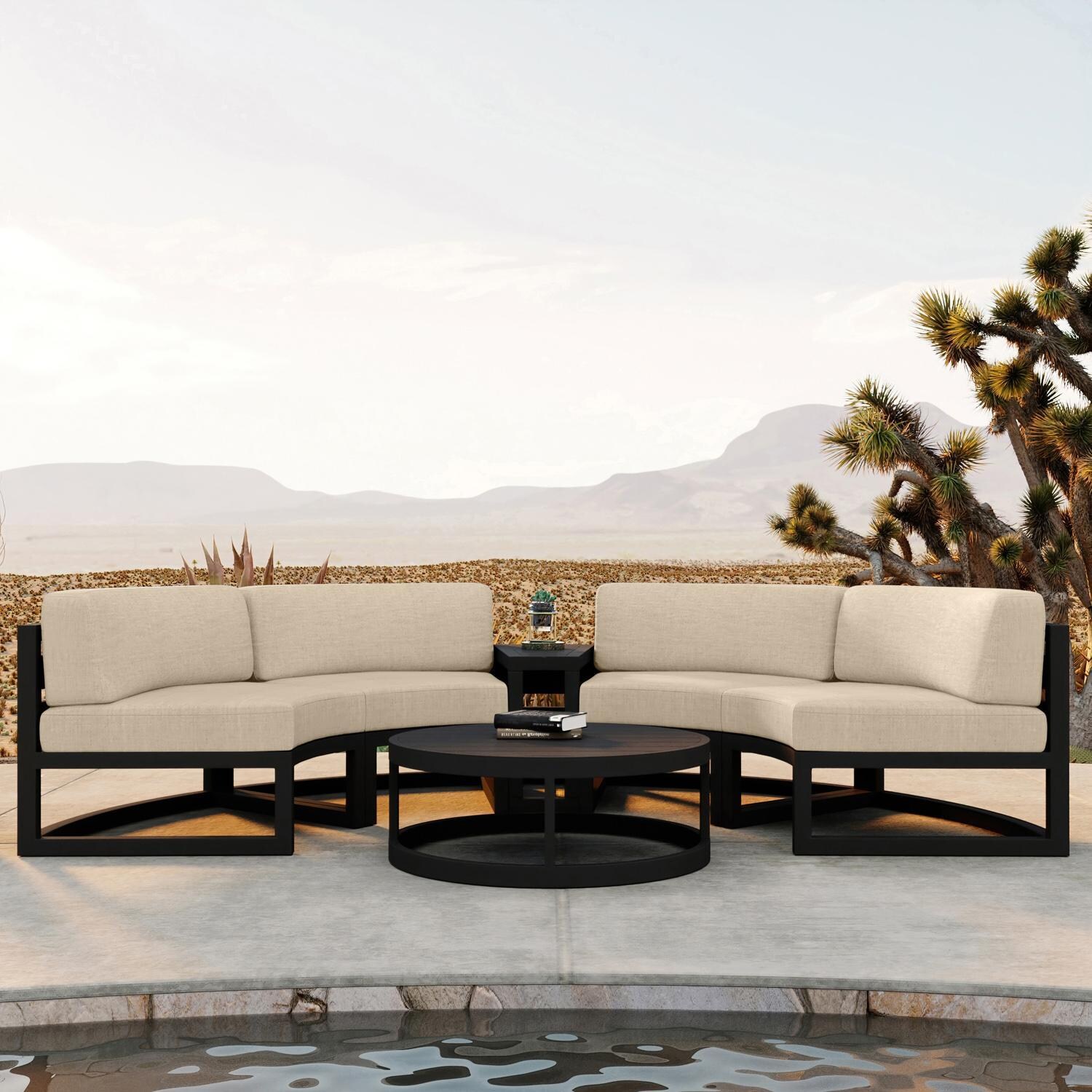 Lakeview MSTYCV-BK-4CSEC-CF Misty Cove 4 Pc Aluminum Curve Sectional Set in Black w/Coffee Table & Canvas Flax Cushions by Lakeview Outdoor Designs - By the Pool - Lifestyle thumbnail