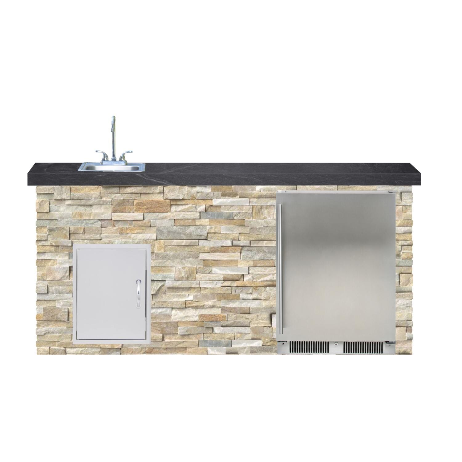BBQGuys Signature 6ft Luxury Outdoor Island W/ Blaze Outdoor Rated Refrigerator & Summerset 15-Inch Sink - Golden Honey Stone W/ Black Polished Granite thumbnail