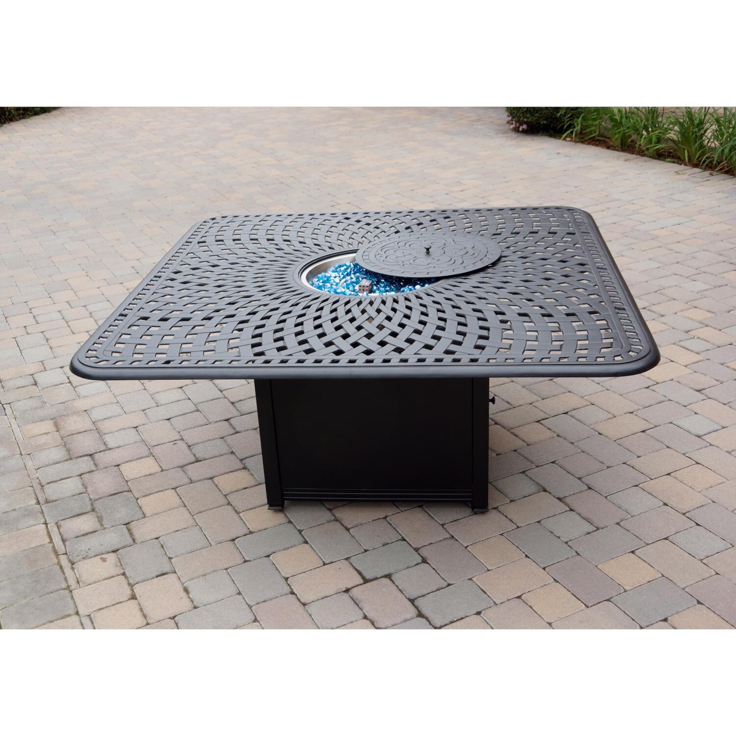 Darlee 201030-9PC-60GW Sedona 9 Piece Cast Aluminum Patio Fire Pit Dining Set W/ 64 Inch Square Table & Sesame Cushions - Fire Pit Table thumbnail