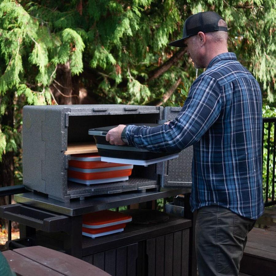 Drip EZ Prep and Rest Bundle - Pit Master Black - Que Crib - Open and Showing Storage - Lifestyle thumbnail