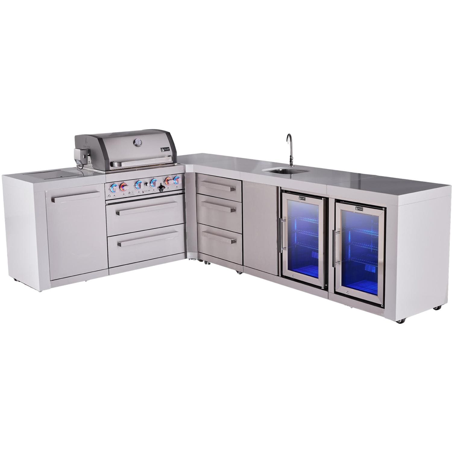 Mont Alpi Deluxe Series 9 1/2 Ft Propane Outdoor Kitchen Island w/ 32-in Grill, Side Burner, Beverage Center, Fridge & Triple Drawer - MAi400-D90BEVFCDR - Island - White Background thumbnail