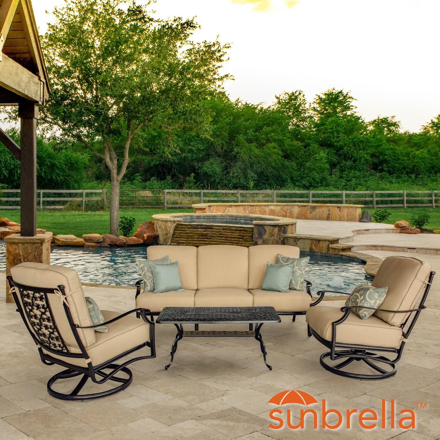 Carondelet 4 Piece Cast Aluminum Patio Conversation Set W/ Sofa, Swivel Rocker Club Chairs & Sunbrella Spectrum Sand Cushions By Lakeview Outdoor Designs thumbnail