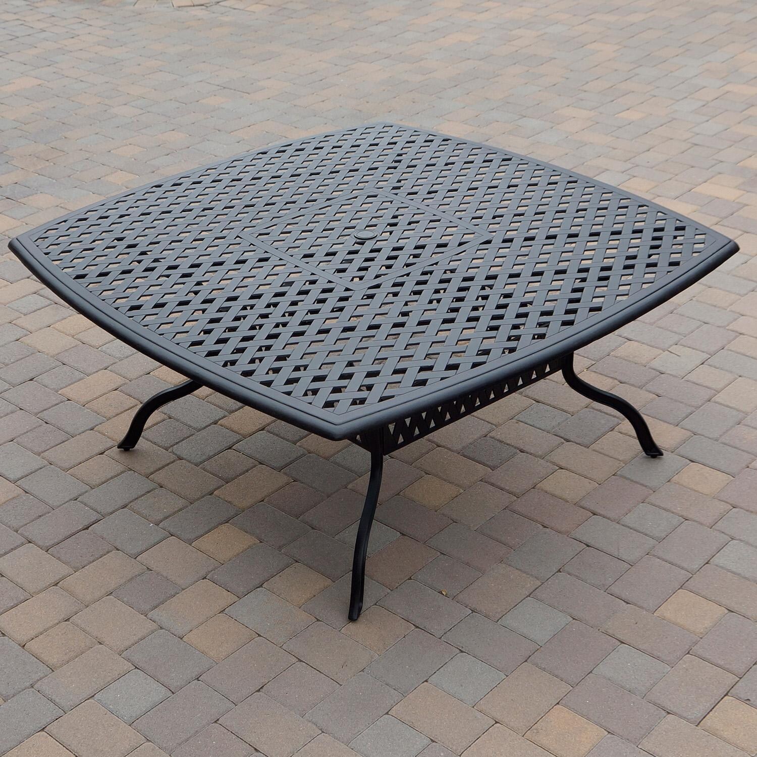 Darlee Nassau 10-Piece Patio Dining Set with Navy Blue Cushions and 64 Inch Square Dining Table and Lazy Susan - Table - Lifestyle thumbnail