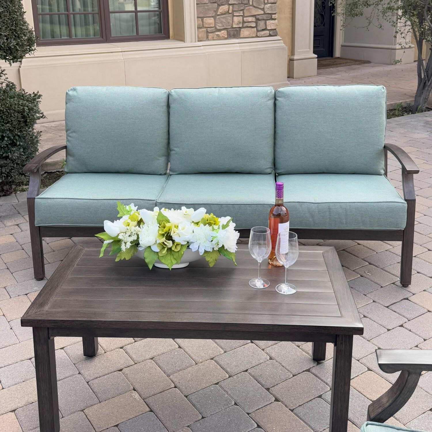 Atlantis 4 Pc Aluminum Seating Set w/ Sofa & 2 Swivel Rocker Club Chairs in Walnut/Spa by Darlee - Sofa & Table - Lifestyle thumbnail