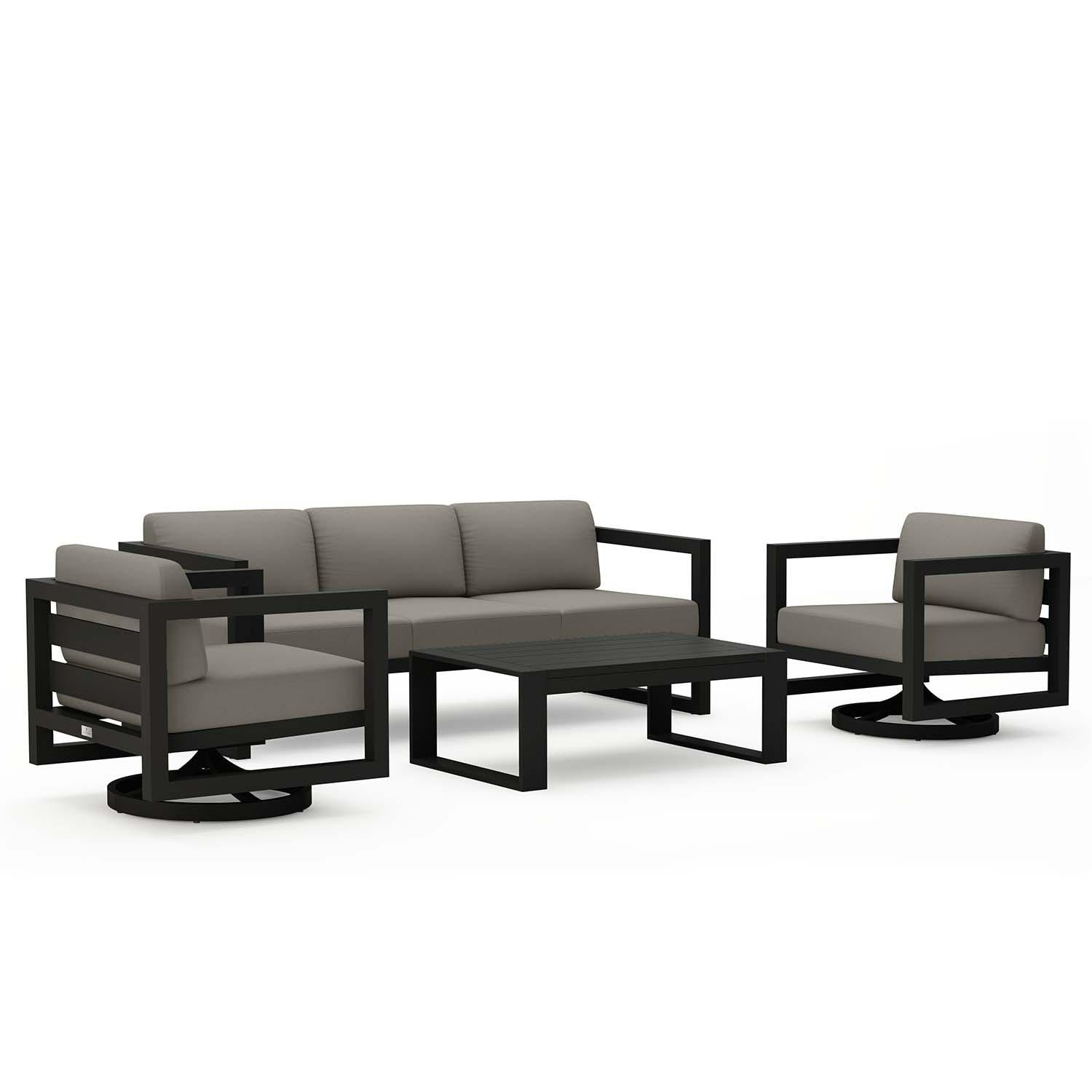 Misty Cove 4 Pc Aluminum Sofa Seating Set w/ Swivel Chairs in Black/Canvas Charcoal by Lakeview Outdoor Designs - Angled Side View - White Background thumbnail