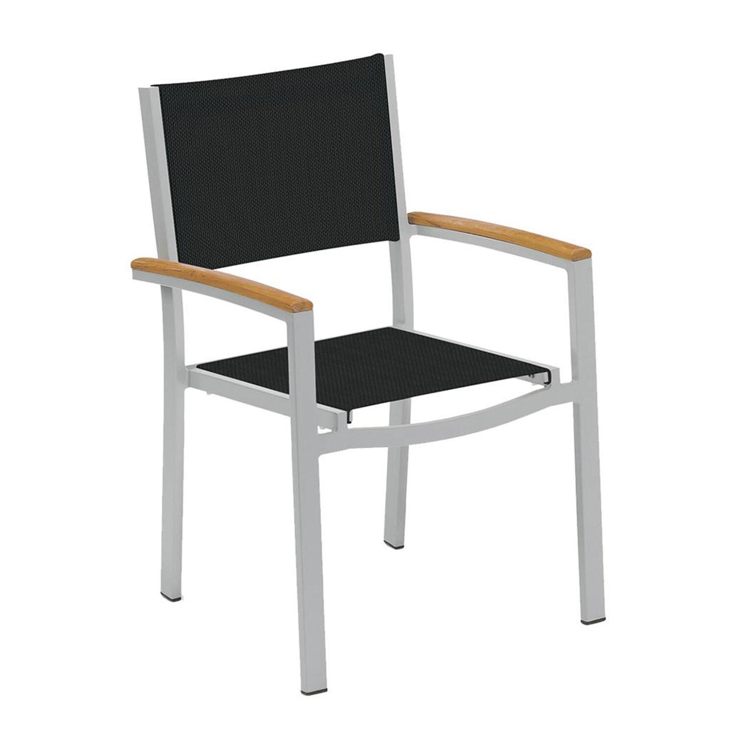 Oxford Garden Travira 7 Piece Flint Aluminum Patio Dining Set - Black Sling Armchair w/ Natural Tekwood Arms thumbnail