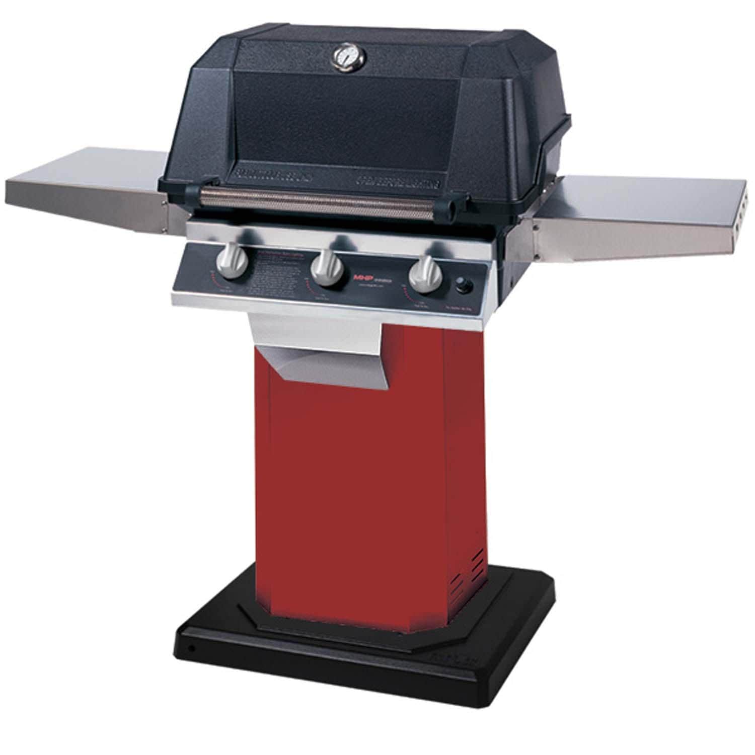 MHP JNR Natural Gas Grill Head w/ Drop Down Side Shelf & Stainless Cooking Grids on Ember Red Grill Column & Permanent Base