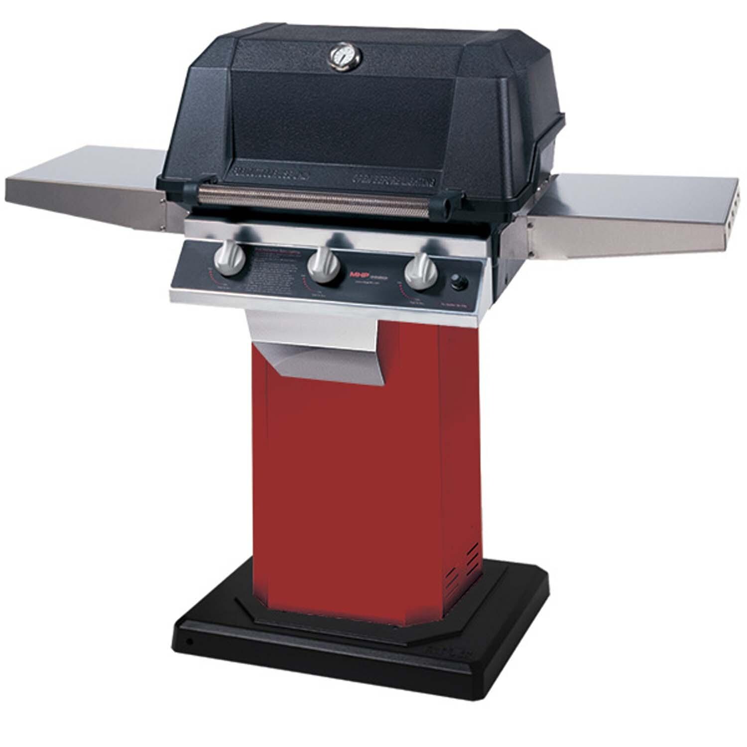 MHP JNR Natural Gas Grill Head w/ Drop Down Side Shelf & Stainless Cooking Grids on Ember Red Grill Column & Permanent Base
