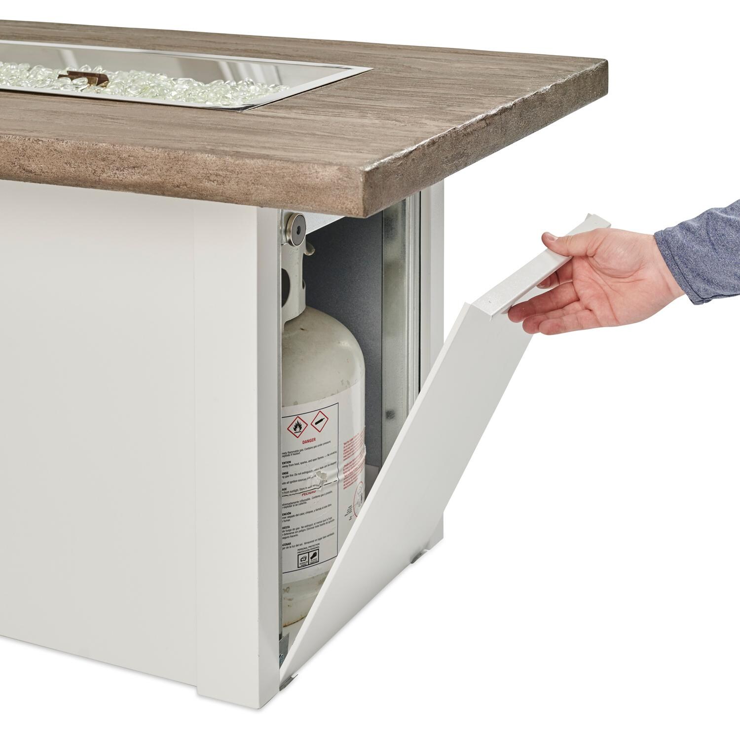 The Outdoor GreatRoom Company Havenwood HVDW-1224-K 44-Inch Rectangular Propane Gas Fire Pit Table with Driftwood Everblend Top and 24-Inch Crystal Fire Burner - White - Propane Storage Access Door thumbnail