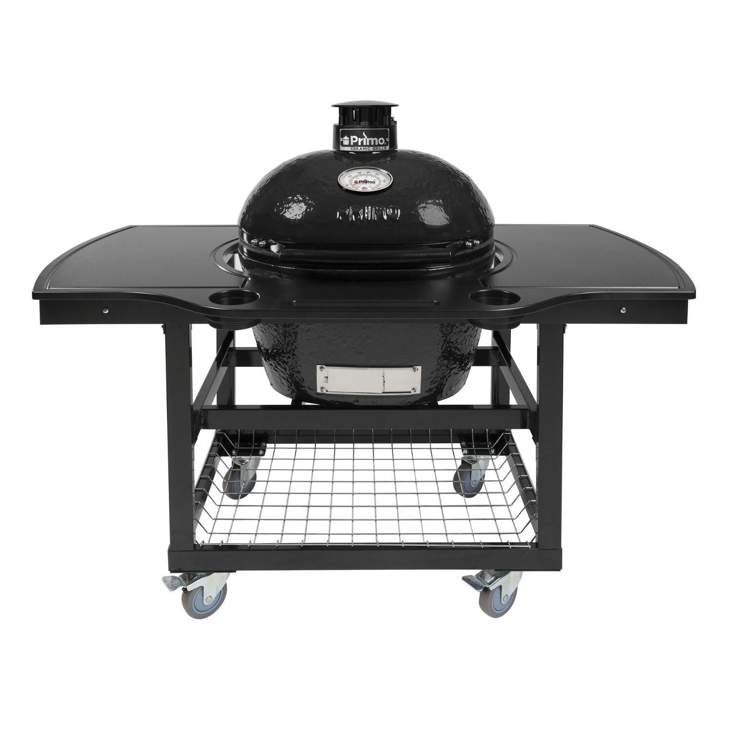 Primo Oval Large 300 Ceramic Kamado Grill On Steel Cart With 1-Piece Island Side Shelves, Cup Holders, And Stainless Steel Grates - PGCLGH