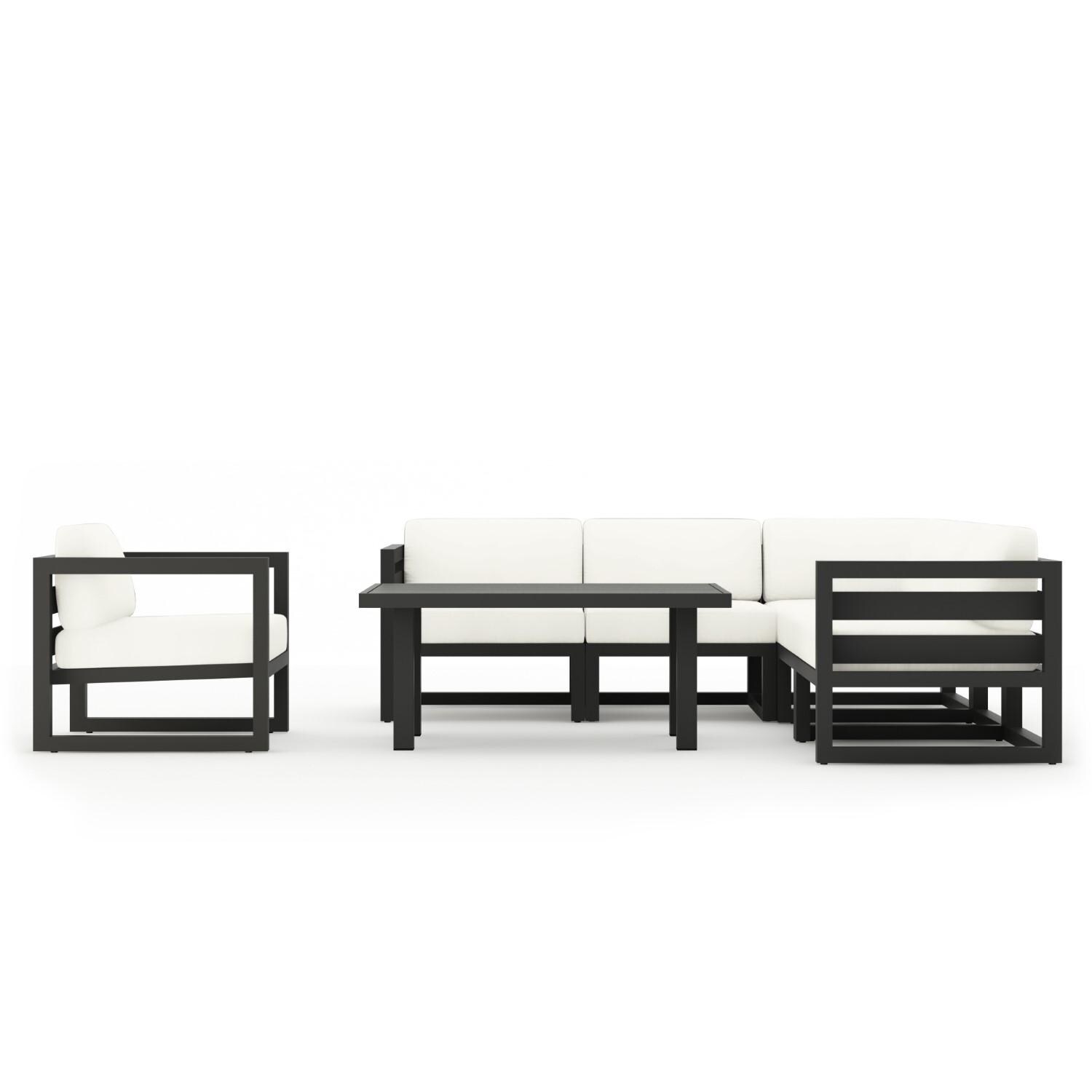 Misty Cove 7 Pc Aluminum Seating Set w/ Sectional & Classic Chat Table in Slate/Canvas Natural by Lakeview Outdoor Designs