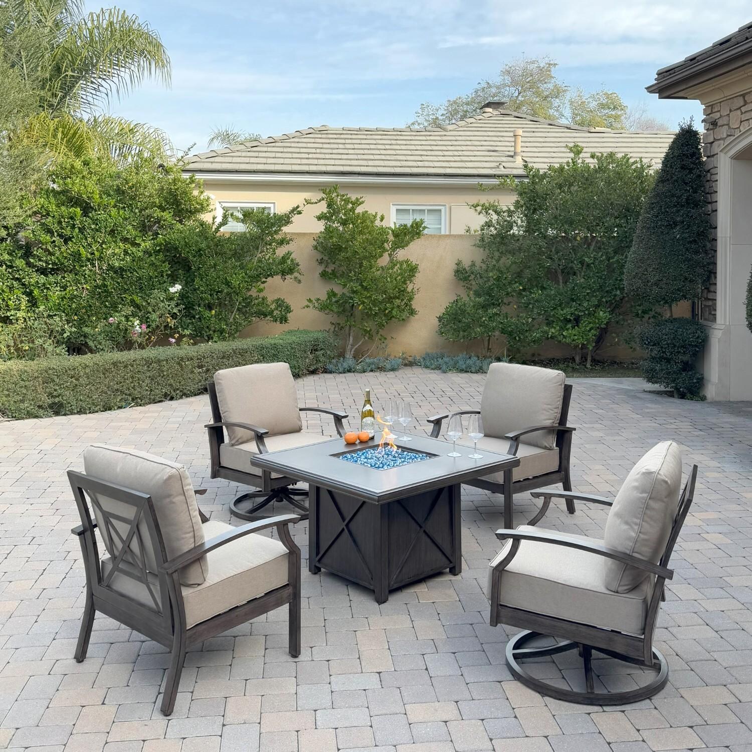 Atlantis 5 Pc Aluminum Fire Pit Seating Set w/ 2 Club Chairs & 2 Swivel Rocker Club Chairs in Walnut/Beige by Darlee - Hero - Lifestyle thumbnail