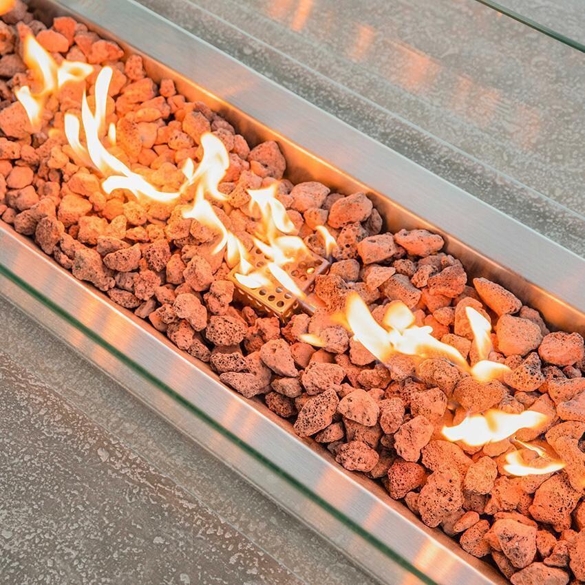 Hampton 56-in Rectangular Concrete Propane Fire Pit Table in Light Gray By Elementi - Fire Pit On - Close Up View - Lifestyle thumbnail