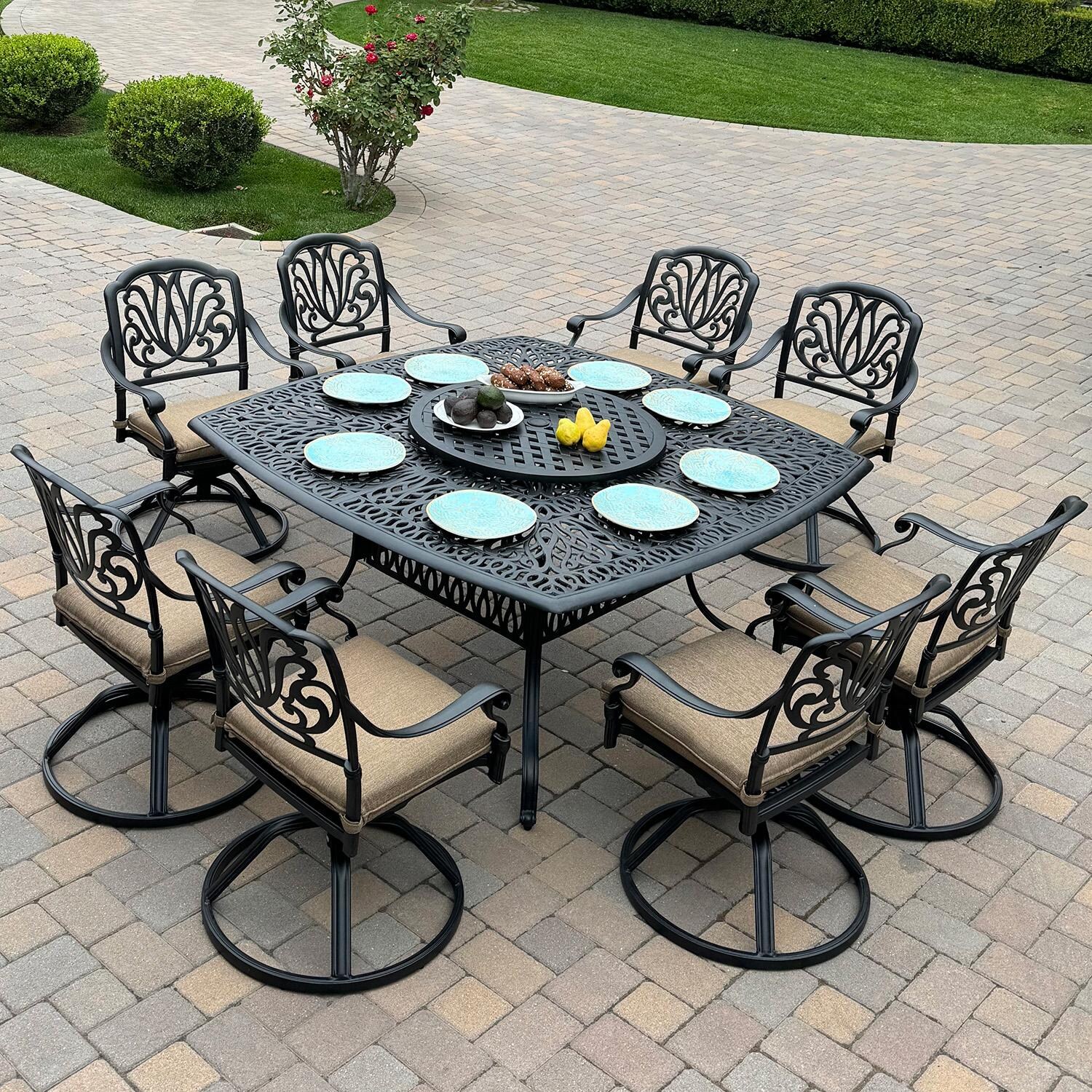 Elisabeth 10 Pc Cast Aluminum Dining Set w/ Lazy Susan in Antique Bronze by Darlee - Lifestyle thumbnail