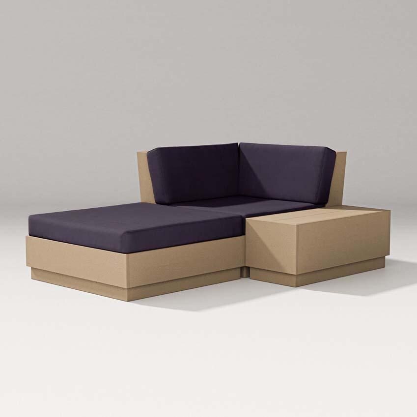 Elevate 3 Pc Recycled Plastic Corner Chaise Lounge Seating Set in Vintage Sahara/Navy Linen By PW Designer Series
