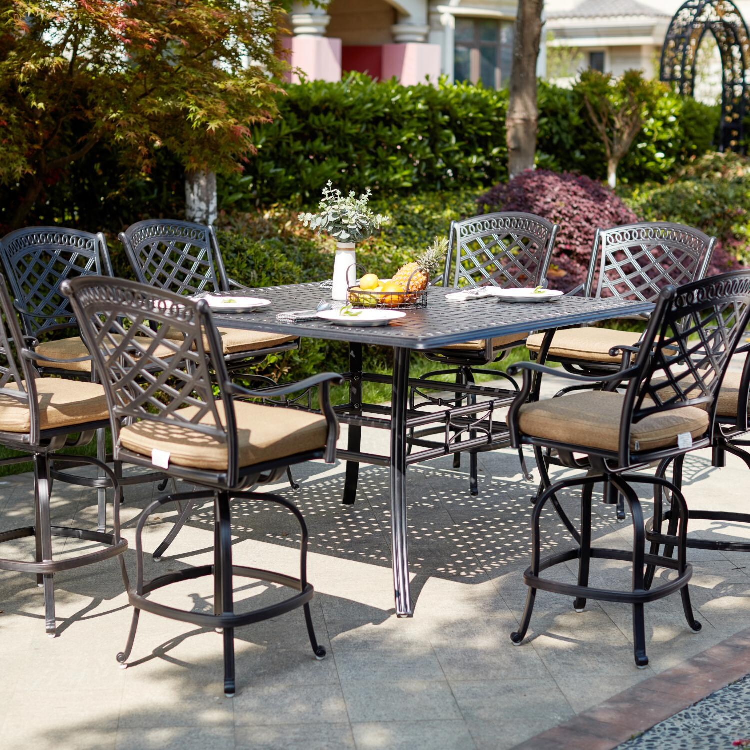 Darlee 201030-9PC-88WCH Sedona 9 Piece Cast Aluminum Patio Bar Set W/ 60 Inch Square Counter Height & Sesame Cushions thumbnail