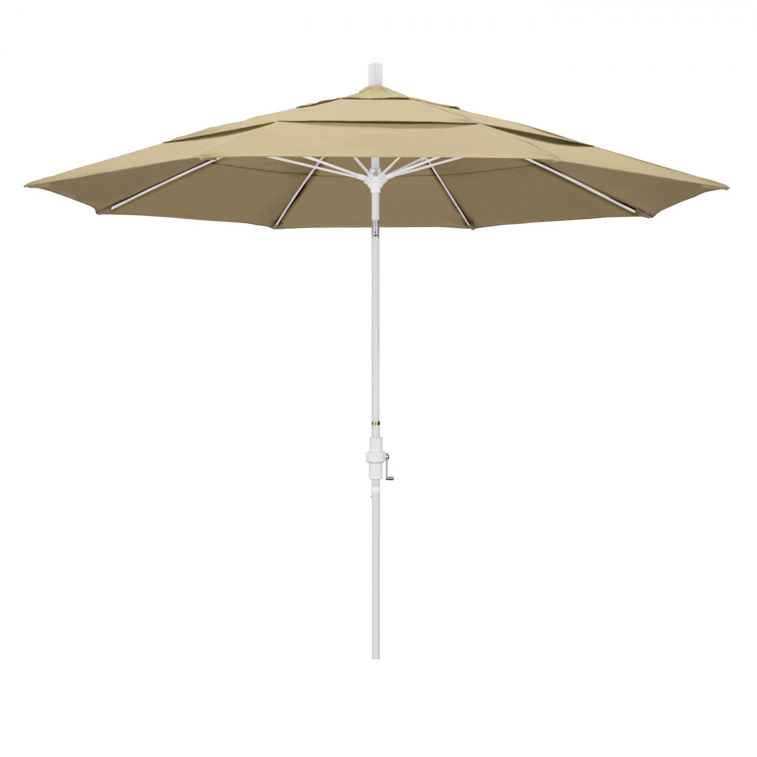 California Umbrella 11 Ft. Octagonal Aluminum Collar Tilt Patio Umbrella W/ Crank Lift & Fiberglass Ribs - Matted White Frame / Sunbrella Canvas Antique Beige Canopy