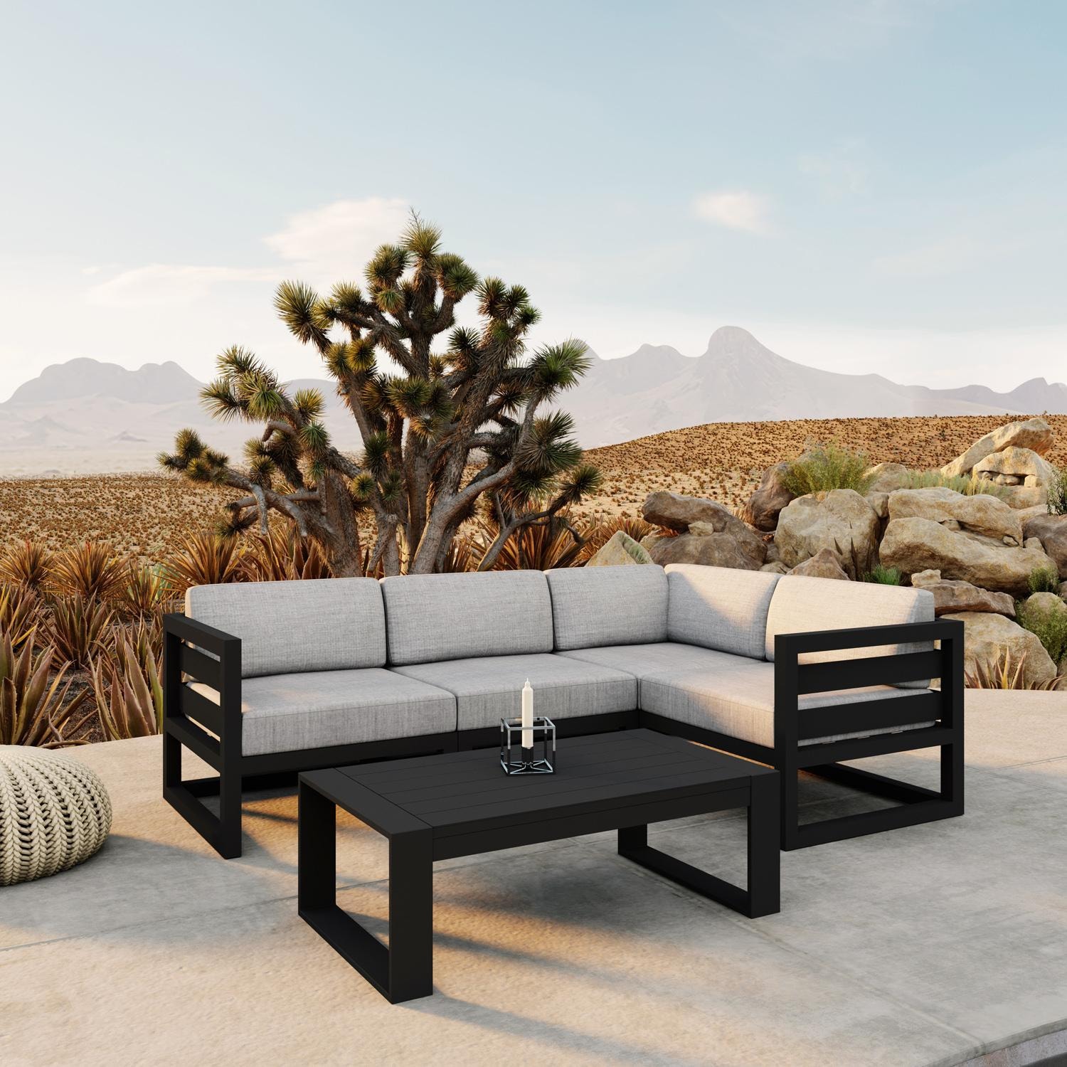 Lakeview MSTYCV-BK-5SEC-CS Misty Cove 5 Pc Aluminum Sectional Set in Black w/Portal Coffee Table & Cast Silver Cushions by Lakeview Outdoor Designs - Set by Pool - Lifestyle thumbnail