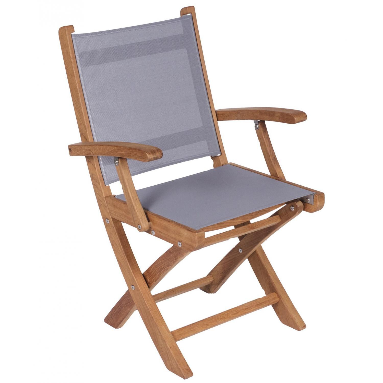 Royal Teak Collection SailMate Folding Teak Patio Dining Arm Chair With Gray Sling