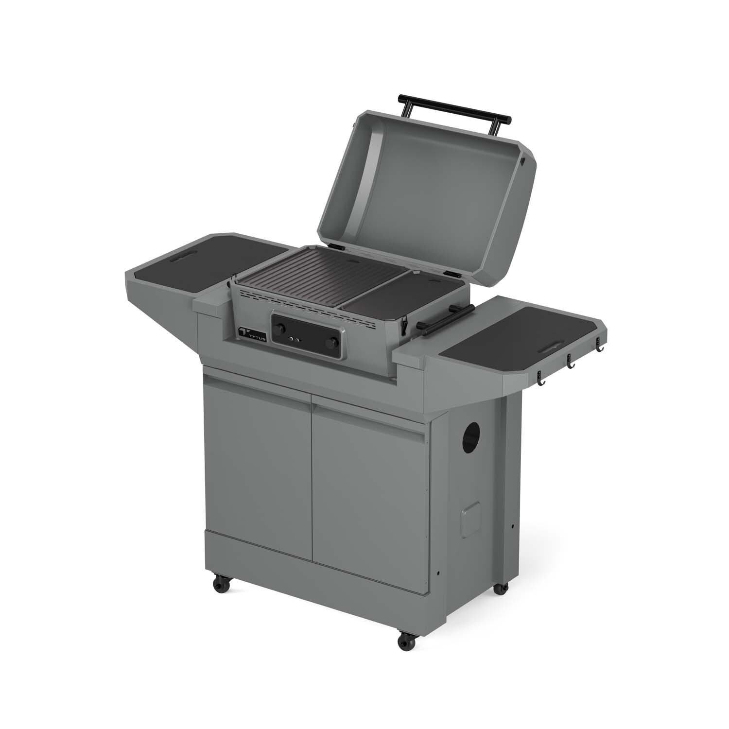 TYTUS TDT-CRT-EGRD Emberwood Electric Griddle and Prep Cart - Lid Open - White Background thumbnail