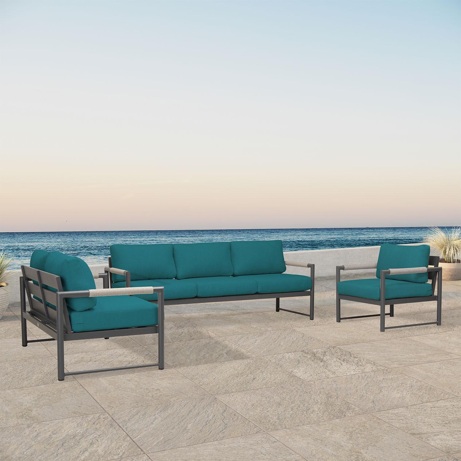 Lakeview AVEBAY-SL-PG-SET143-PC Avenue Bay Slate/Pebble Gray 3 Pc Sofa Loveseat Set - Spectrum Peacock - Angled On Patio - Lifestyle thumbnail