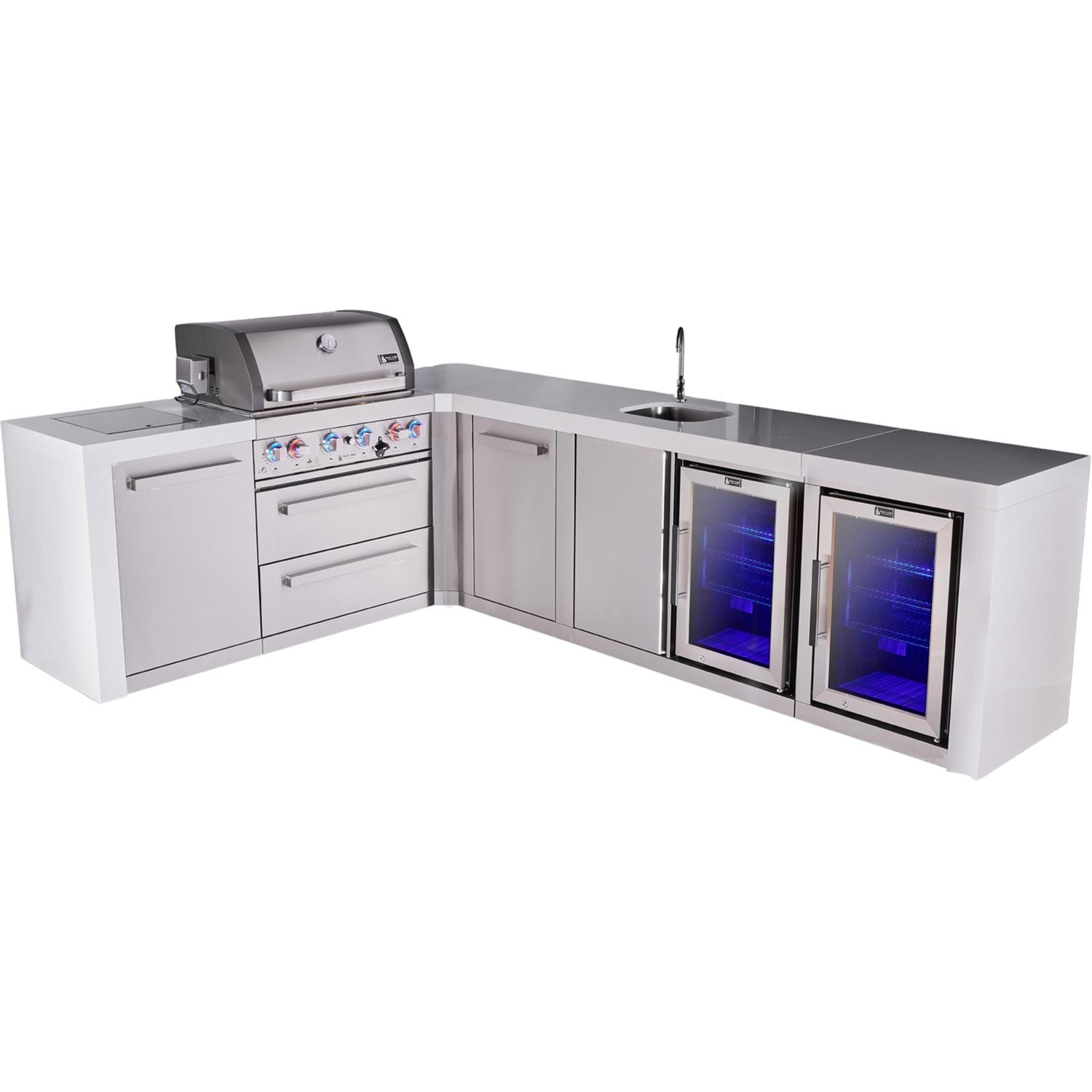 Mont Alpi Deluxe Series 9 1/2 Ft Propane Outdoor Kitchen Island w/ 32-in Grill, Side Burner, Beverage Center, Fridge & Extra Door - MAi400-D90BEVFCXL