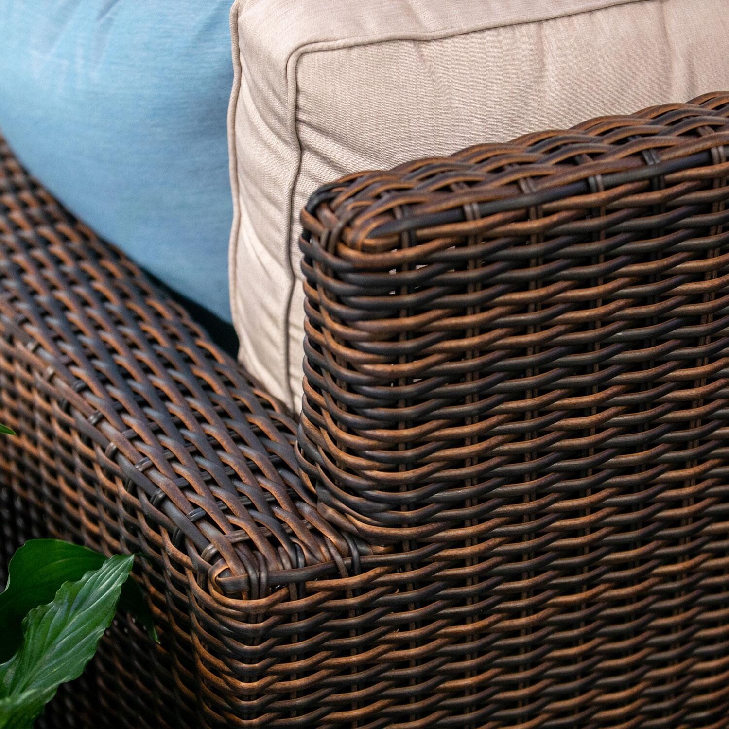 Montecito Wicker Patio Sofa in Canvas Henna w/ Self Welt By Sunset West - Wicker - Rear View - Lifestyle thumbnail