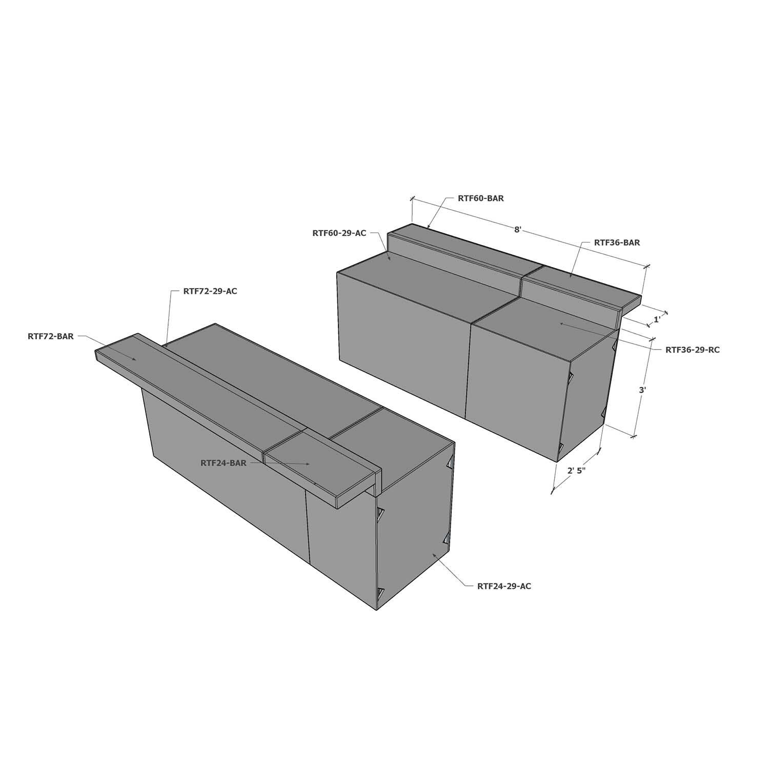 Universal 8 ft Galley Format Outdoor Kitchen System Appliance and Storage Cabinets W/Bars On Both Sides - Dimensional thumbnail